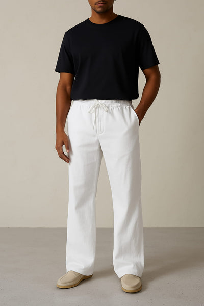 Pantalon Homme en Lin Respirant – Coupe Décontractée, Taille Élastique avec Cordon, Longueur Complète