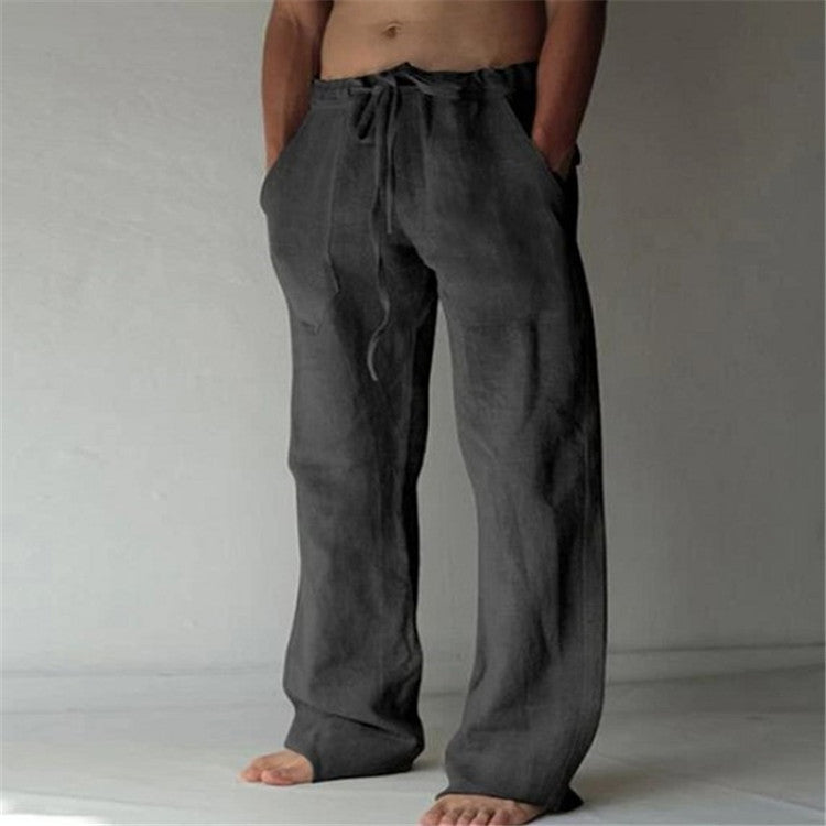 Pantalon Homme en Lin Respirant – Coupe Décontractée, Taille Élastique avec Cordon, Longueur Complète