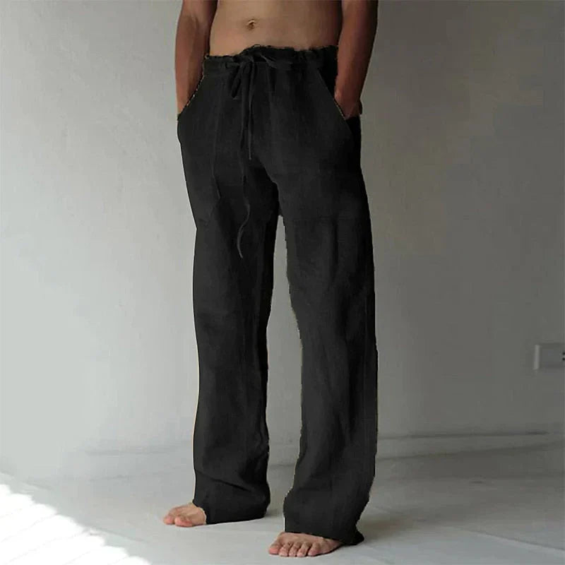 Pantalon Homme en Lin Respirant – Coupe Décontractée, Taille Élastique avec Cordon, Longueur Complète