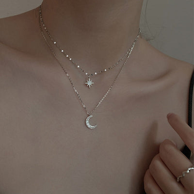 Double lune | Collier à double collier clair argent-4