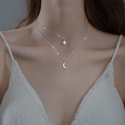Double lune | Collier à double collier clair argent-1