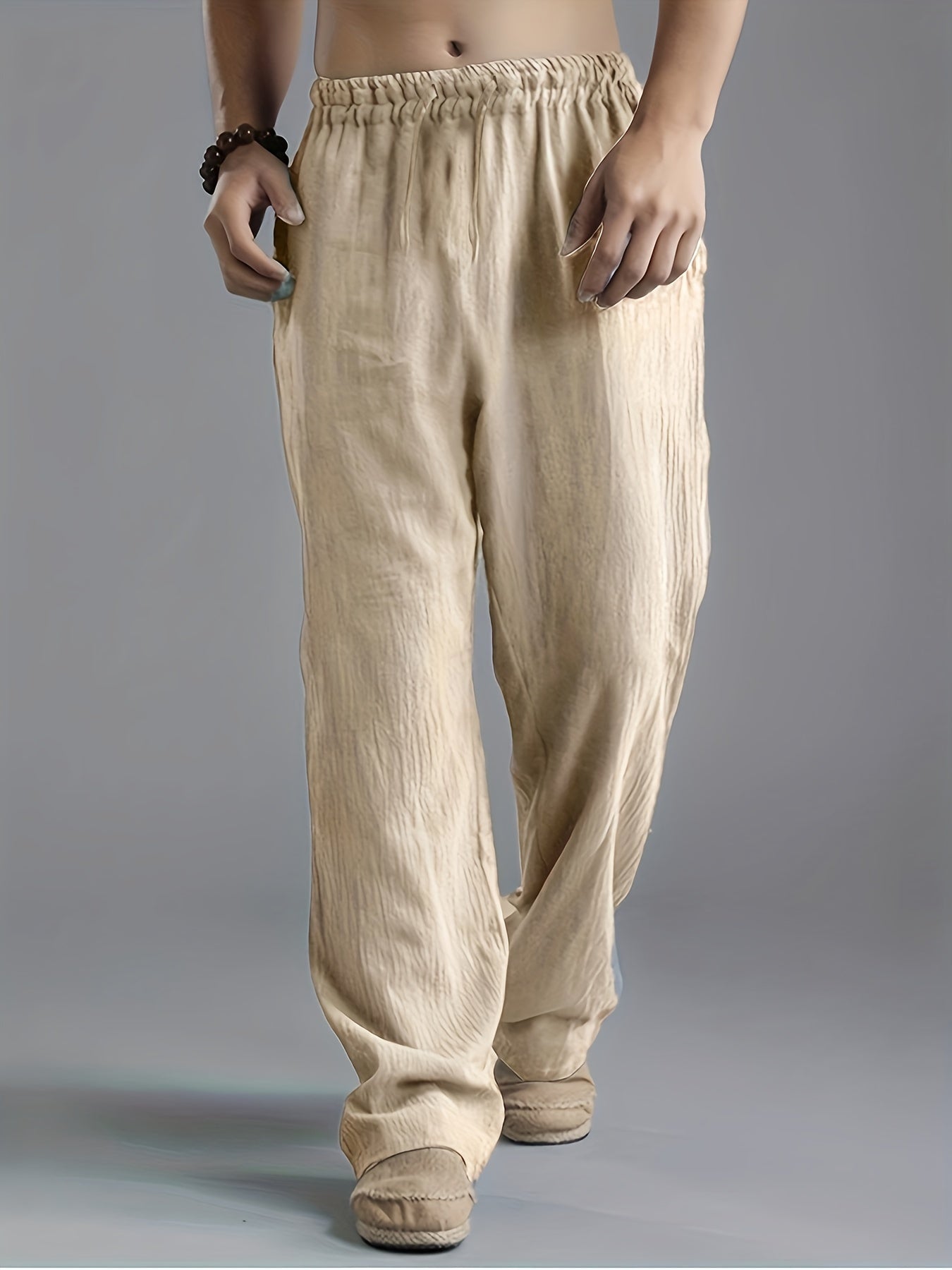 Pantalon en Lin Homme Beige Taille M Respirant-4