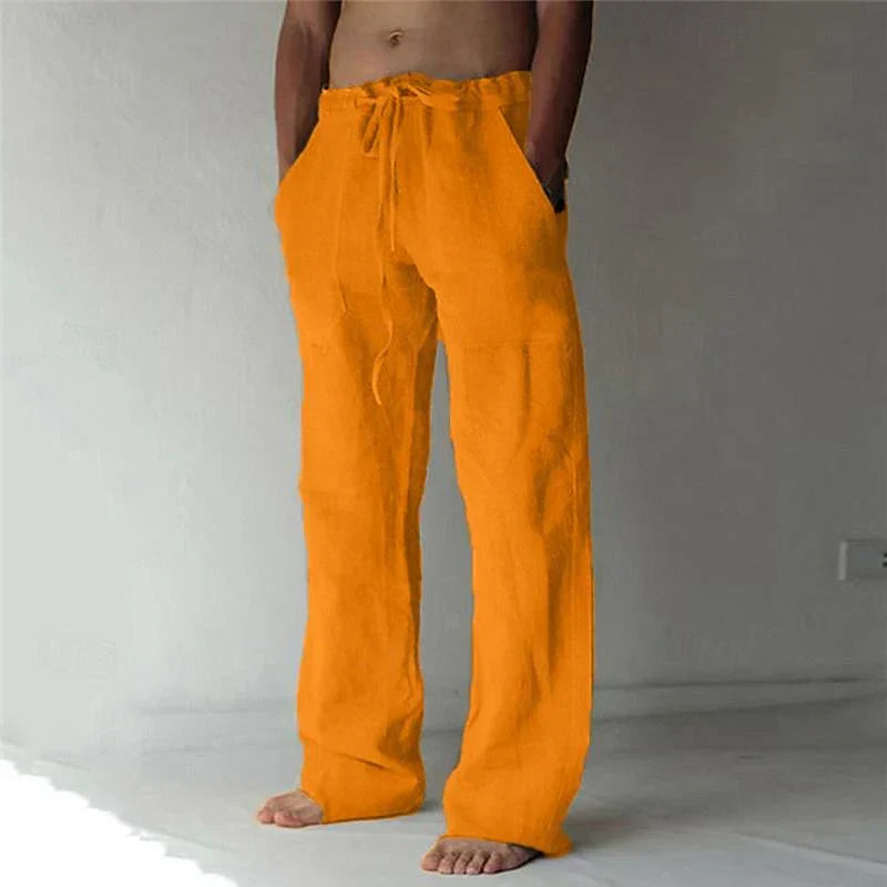Pantalon Homme en Lin Respirant – Coupe Décontractée, Taille Élastique avec Cordon, Longueur Complète