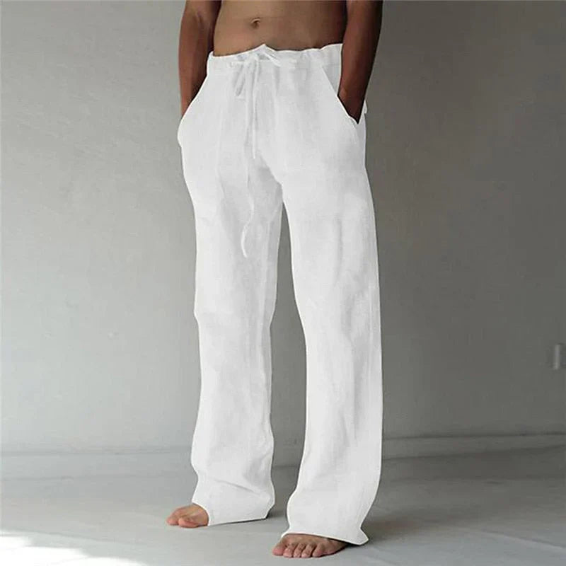 Pantalon Homme en Lin Respirant – Coupe Décontractée, Taille Élastique avec Cordon, Longueur Complète